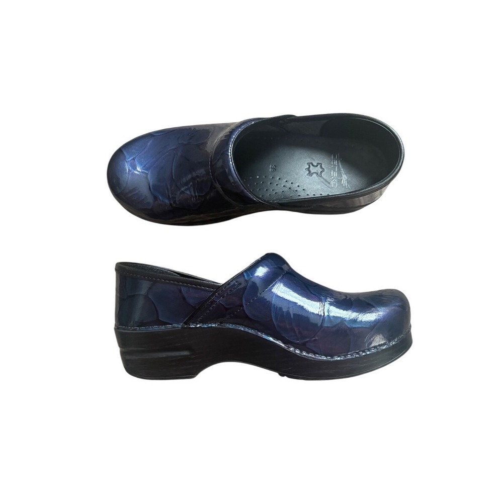 Dansko Blue Hibiscus Patent Leather Professional Clogs 39 Nurse Comfort Shoes